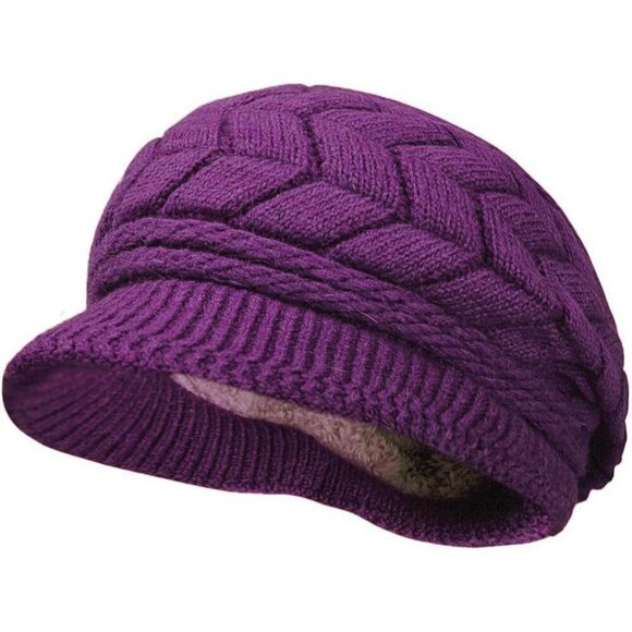 〽️Women’s Purple Winter Warm Knit Wool Snow Ski Hat with Visor main image 5
